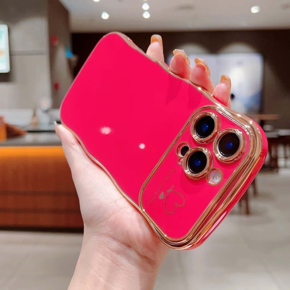 For iPhone 15 Phone Case for Women Girls,Double Love Hearts Print Designing,Wavy Frame Curly Shape,Shockproof TPU Luxury Electroplated Anti-fall Protective Phone Case Cover,Rose