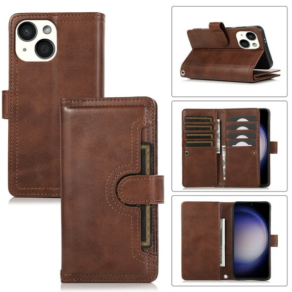 for iPhone 15 Phone Case,for iPhone 15 Wallet Case RFID Blocking 8 Card Slots Holder & 1 Cash Pocket & 1 Outer Pouch,Wrist Strap,Shockproof Leather Magnetic Flip Stand Cover,Coffee