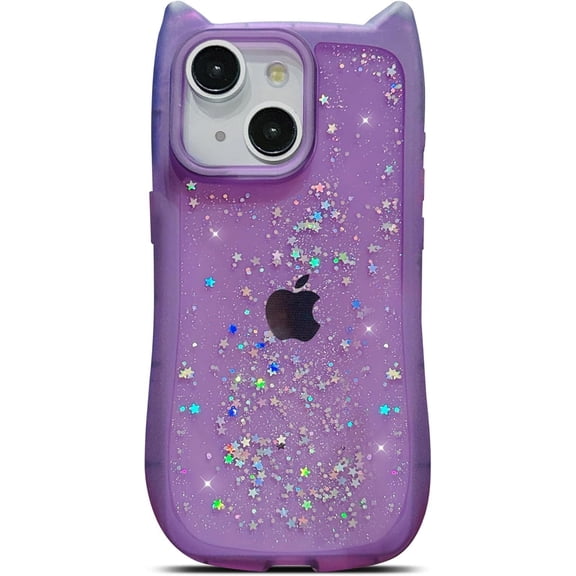 for iPhone 15 Plus/14 Plus Case 6.7" Bling Glitter Sparkle Shiny Star Clear Transparent Cute Kawaii 3D Cat Ear Soft Silicone Shockproof Protective Arc Edge Phone Cover for Women(Purple)