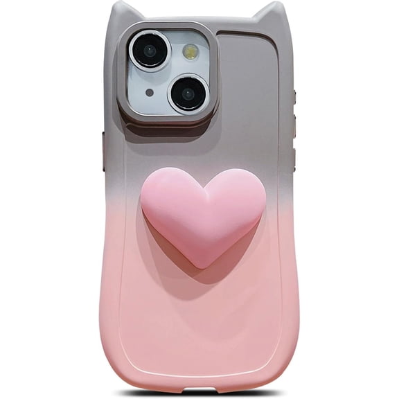 for iPhone 15 Plus/14 Plus Case 6.7" for Women Cute 3D Love Heart Kawaii Cat Ear Gradient Color Soft Silicone Shockproof Protective Arc Edge Bumper Aesthetic Phone Cover (Brown Pink)