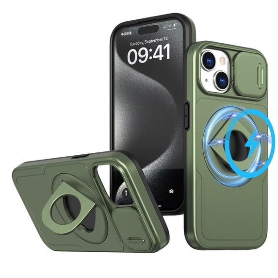for iPhone 15 Plus/14 Plus Case, Frosted PC with MagSafe Built-in 360 Rotatable Invisible Kickstand Sliding Window Camera Cover Military Grade Protection Case for iPhone 15 Plus/14 Plus, Olivegreen