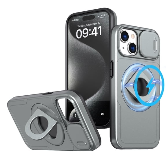 for iPhone 15 Plus/14 Plus Case, Frosted PC with MagSafe Built-in 360 Rotatable Invisible Kickstand Sliding Window Camera Cover Military Grade Protection Case for iPhone 15 Plus/14 Plus, Gray