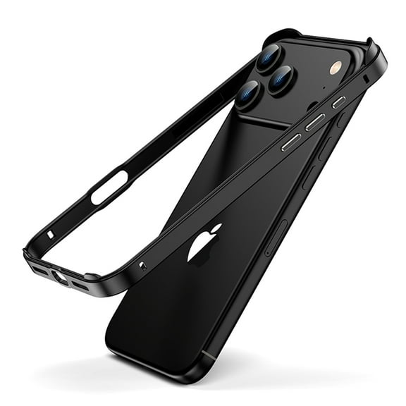 For iPhone 15 Plus/14 Pro Max Metal Bumper Phone Case,No Back Design,Ultra Slim Drop Protection,Metal + TPU Bumper Frame,4 Corner Raised Shockproof Anti-fall Rugged Thin Fit Phone Case,Black