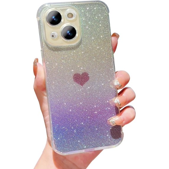 for iPhone 15 Plus 6.7" Case, Cute Gradient Bling Glitter Clear Phone Case Laser Iridescent Holographic Case with Camera Lens Cover Soft Bumper Shockproof Cover for Women Girls (Purple Heart)