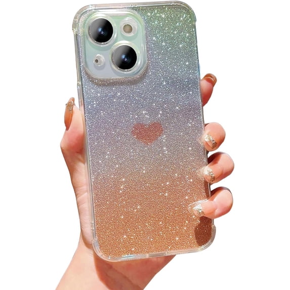 for iPhone 15 Plus 6.7" Case, Cute Gradient Bling Glitter Clear Phone Case Laser Iridescent Holographic Case with Camera Lens Cover Soft Bumper Shockproof Cover for Women Girls (Gold Heart)