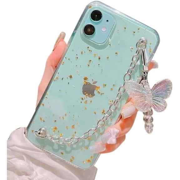 for iPhone 15 Plus 6.7" Case Gold Foil TPU,with Metal Bracelet Chain Butterfly Hand Strap,Clear Girly Glitter Goldleaf Bling Shockproof Case for iPhone 15 Plus 6.7"(Golden)