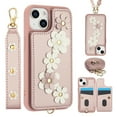 thumbnail image 1 of for iPhone 15 Plus 6.7-inch Crossbody Wallet Case, Women Flip Cover Flower Design PU Leather Kickstand Card Holder Slots Wrist Strap Lanyard Purse Phone Case for iPhone 15 Plus, Rosegold, 1 of 9