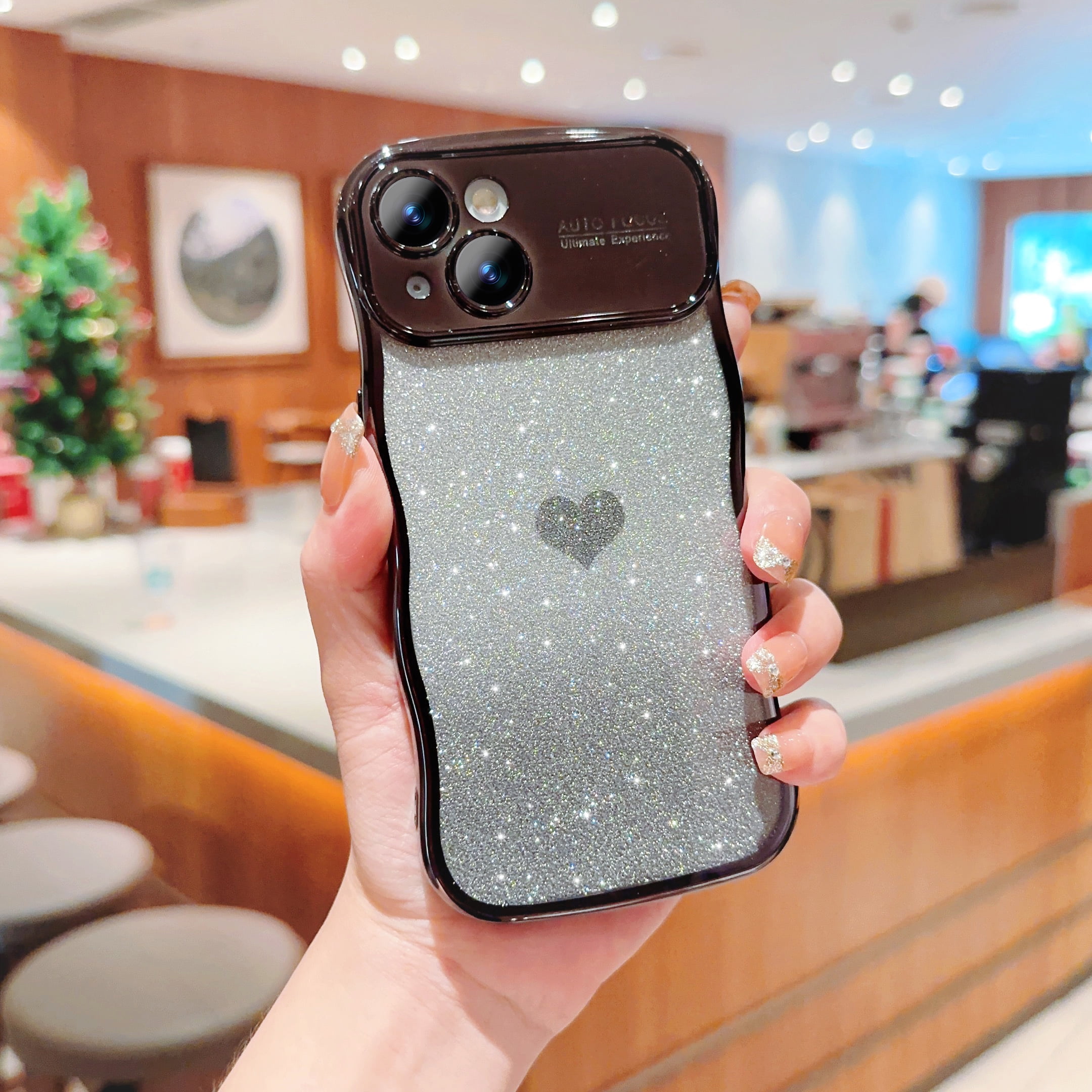 LCHULLE For IPhone 15 Case For Women Girls,Cute Curly Wave Frame Shape Love Heart Pattern Phone Case,Raised Camera Protection Luxury Plating