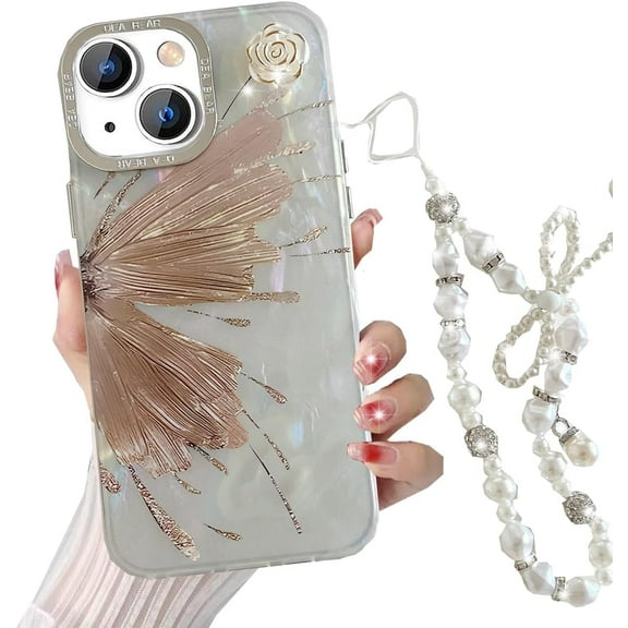 for iPhone 15 Plus Butterfly Case, Cute 3D Flower Glitter Bling Translucent Colorful Shell Pattern with Pearl Wrist Strap Soft Silicone Women Girls Phone Case for iPhone 15 Plus 6.7" (Gold)