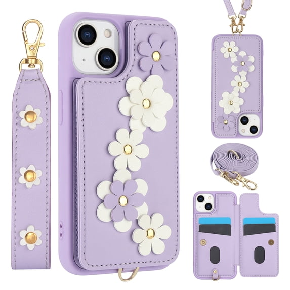 for iPhone 15 Plus Card Slots Back Case with Magnetic Snap Shoulder Strap & Wrist Strap Kickstand, 3D Flower Decoration for Girls Elegant Phone Case Cover for iPhone 15 Plus, Purple