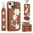 thumbnail image 1 of for iPhone 15 Plus Card Slots Back Case with Magnetic Snap Shoulder Strap & Wrist Strap Kickstand, 3D Flower Decoration for Girls Elegant Phone Case Cover for iPhone 15 Plus, Brown, 1 of 9