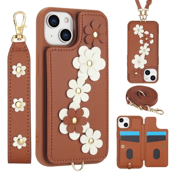 for iPhone 15 Plus Card Slots Back Case with Magnetic Snap Shoulder Strap & Wrist Strap Kickstand, 3D Flower Decoration for Girls Elegant Phone Case Cover for iPhone 15 Plus, Brown