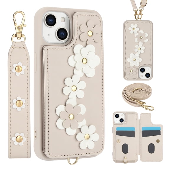 for iPhone 15 Plus Card Slots Back Case with Magnetic Snap Shoulder Strap & Wrist Strap Kickstand, 3D Flower Decoration for Girls Elegant Phone Case Cover for iPhone 15 Plus, White