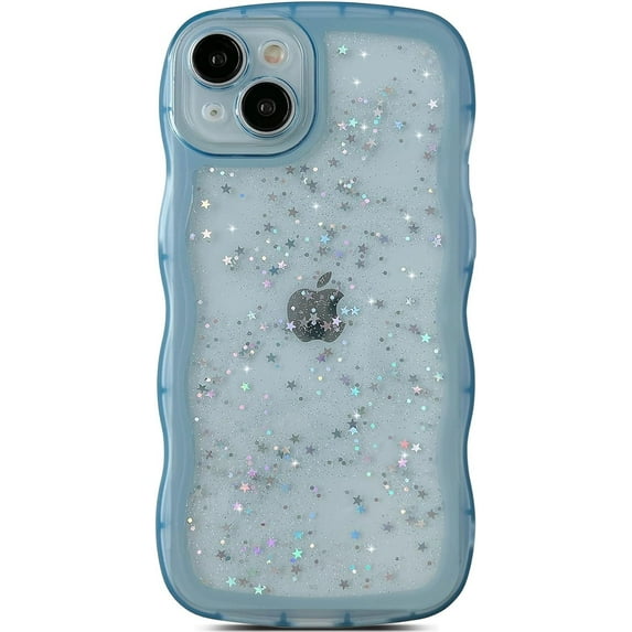 for iPhone 15 Plus Case 6.7",Curly Wave Design Transparent Bling Glitter Star Shiny Case Cute Clear Transparent Shockproof Protection Soft Phone Cover Case for Women Girls, Blue