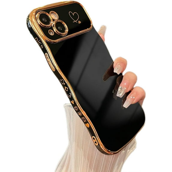 for iPhone 15 Plus Case 6.7 inch,Cute Curly Wave Frame Case with Love Heart Pattern,Luxury Plating Edge Full Camera Protection Shockproof Phone Case for Women Girls-Black