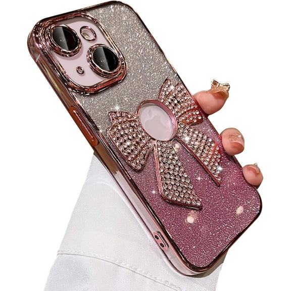 for iPhone 15 Plus Case Bowknot Glitter Rhinestone Bling Plating Luxury Women Girl Phone Case,Shine Diamond Case for iPhone 15 Plus Protective Cover,Clear Gradient Pink