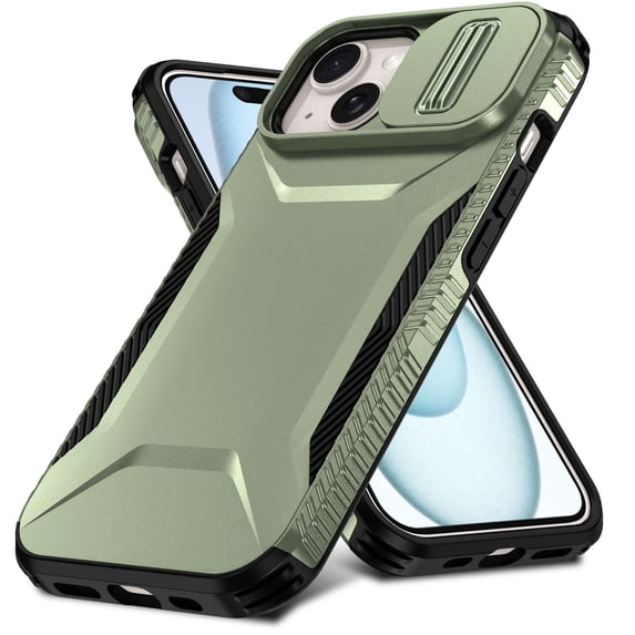 for iPhone 15 Plus Case with Built-in Camera Lens Slide Cover, Heavy-Duty Shockproof Rugged Case Heavy Duty Bumper Shockproof Phone Cover for iPhone 15 Plus,Darkgreen