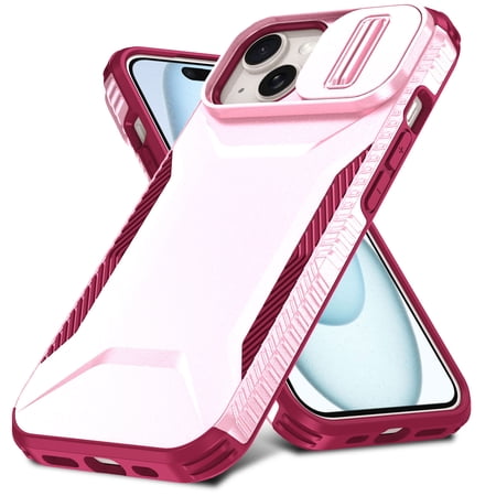 for iPhone 15 Plus Case with Built-in Camera Lens Slide Cover, Heavy-Duty Shockproof Rugged Case Heavy Duty Bumper Shockproof Phone Cover for iPhone 15 Plus,Pink