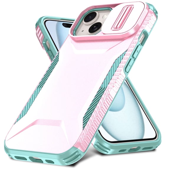 for iPhone 15 Plus Case with Built-in Camera Lens Slide Cover, Heavy-Duty Shockproof Rugged Case Heavy Duty Bumper Shockproof Phone Cover for iPhone 15 Plus,Rosegold