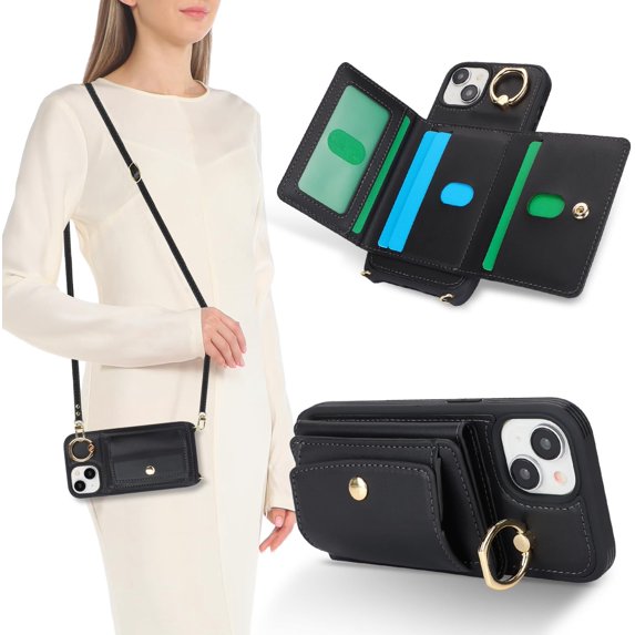 for iPhone 15 Plus Case with Card Holder for Women, for iPhone 15 Plus Phone Case Wallet with Strap Credit Card Slots Crossbody with Kickstand Zipper Case for iPhone15Plus-Black