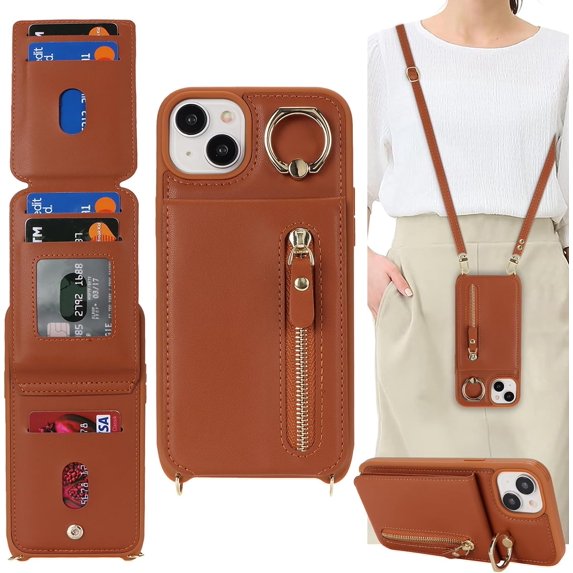 iPhone 15 Plus Case with Card Holder for Women, iPhone 15 Plus Phone Case Wallet with Strap Credit Card Slots Crossbody with Kickstand Zipper Case for iPhone15Plus - Brown