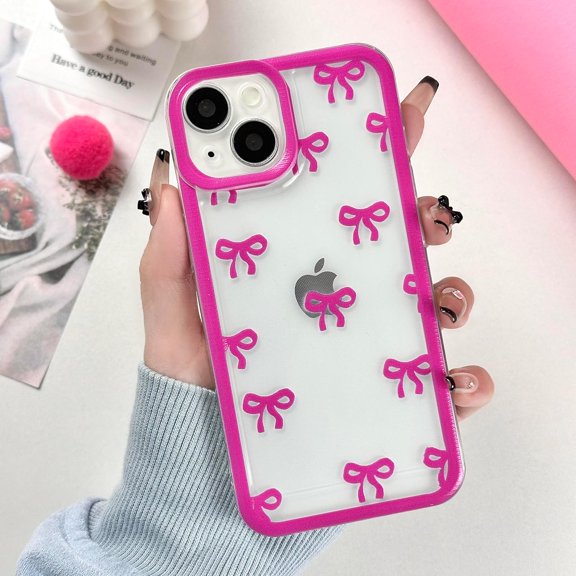 for iPhone 15 Plus Case, Clear Cute Bows Ribbon Bowknot Aesthetic Pattern for Women Girls, Transparent Full Camera Protection Slim Soft TPU Protective Cover - Hot Pink