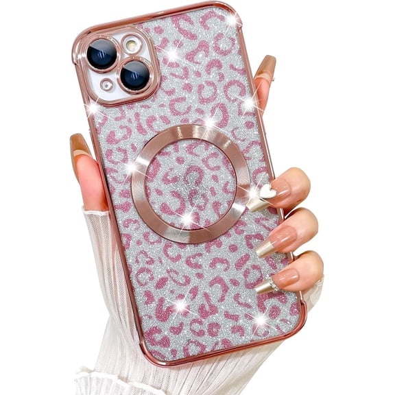 for iPhone 15 Plus Case,Compatible with MagSafe Cheetah Print Plating Camera Plustection Clear Phone Case, Glitter Leopard Print for Women Girls Phone Case 6.7"-Pink