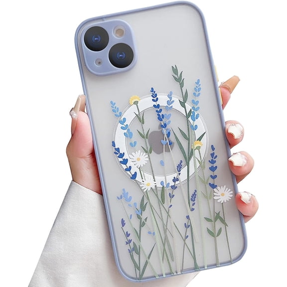 for iPhone 15 Plus Case Compatible with MagSafe for Clear Frosted PC Back Protector Flower Shockproof Floral Design Protective Women Girls Phone Cover - Lavender Blooms/Purple