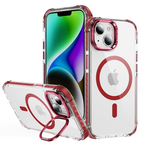 for iPhone 15 Plus Case Compatible with MagSafe, Military Grade Shockproof Heavy Duty Protective Adjustable Kickstand Ultra Clear Magnetic Phone Case for iPhone 15 Plus, Red