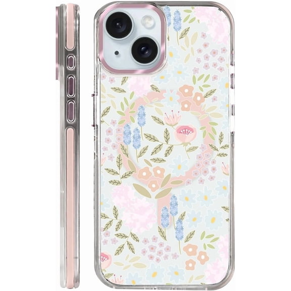 for iPhone 15 Plus Case Compatible with Magsafe, Clear Aesthetic Design Cute for Girls Women, Anti-Drop Protective Hard Phone Case for iPhone 15 Plus-Pastel Spring Flower