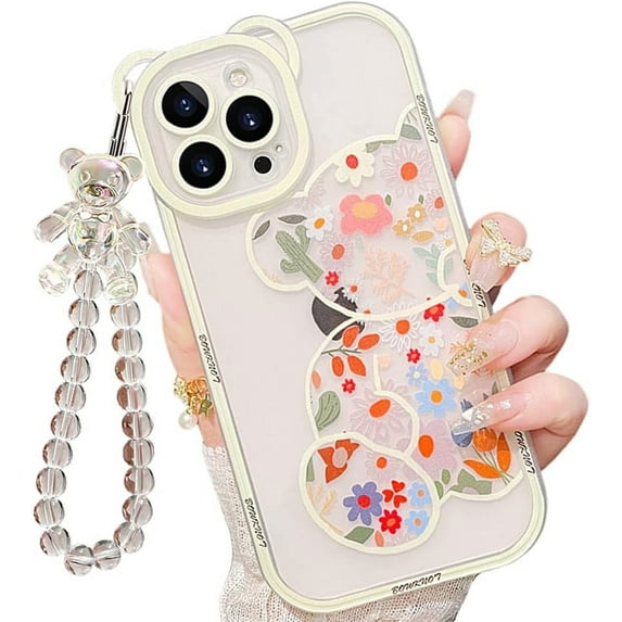 for iPhone 15 Plus Case with Cute Flowers Bear Pattern, Camera Protector, Clear Case and Lovely Strap Bracelet Chain, Compatible for iPhone 15 Plus for Girls Women (Clear)