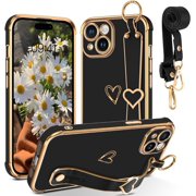 iPhone 15 Plus Case, Cute Heart Wristband Lanyard Cross Body Strap Electroplated Camera Protection Shockproof Protective Case Women Girls for iPhone 15 Plus 6.7"-Black