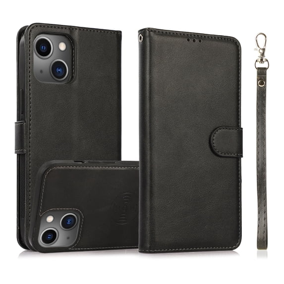 for iPhone 15 Plus Case Detachable Magnetic Wallet Case with Card Holder, 2 in 1 PU Leather Flip Folio Case with Kickstand Wrist Strap Shockproof Protective Phone Case Cover for iPhone 15 Plus, Black