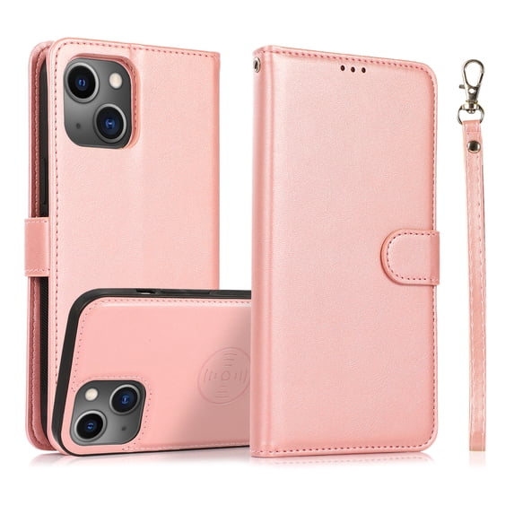 for iPhone 15 Plus Case Detachable Magnetic Wallet Case with Card Holder, 2 in 1 PU Leather Flip Folio Case with Kickstand Wrist Strap Shockproof Protective Phone Cover for iPhone 15 Plus, Rosegold