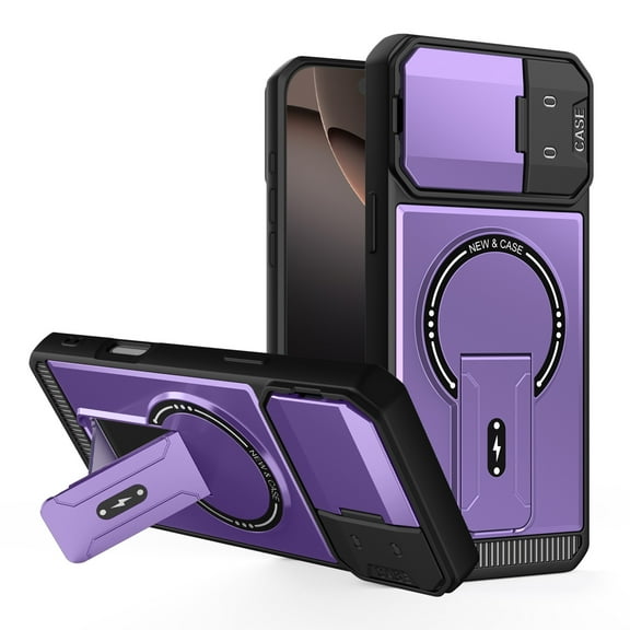 For iPhone 15 Plus Case with Folded Camera Lens Cover, Magnetic Rugged Shockproof Bumper Kickstand Heavy-Duty Compatible with MagSafe Protective Cover For iPhone 15 Plus,Purple