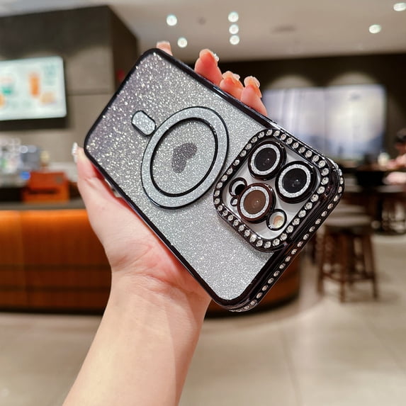 iPhone 15 Plus Case Glitter Bling for Girls Women, Gradient Color Cute Heart Sparkle Magnetic Cover Compatible with Magsafe Fashionable Slim Fit Clear Phone Case for iPhone 15 Plus, Black