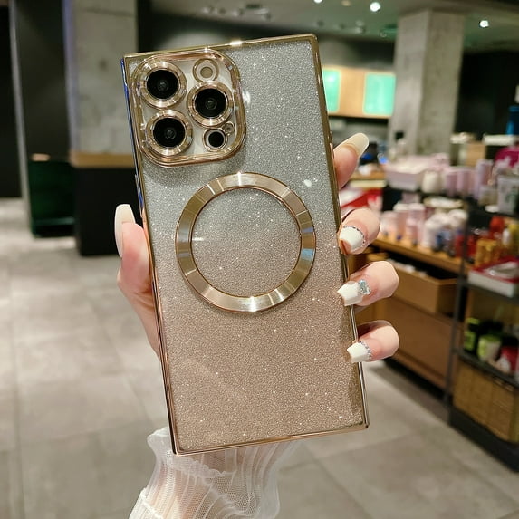 for iPhone 15 Plus Case Glitter Card Magnetic Compatible with MagSafe, Drop Protection Luxury Plating Bling Clear Shockproof Ultra Slim Lightweight Phone Case for Women Girls - Gold