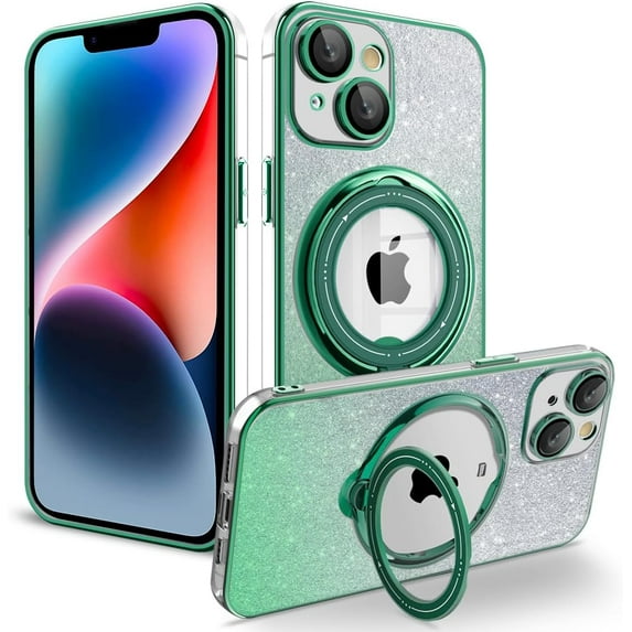 for iPhone 15 Plus Case Glitter with Rotatable Ring Stand Compatible with MagSafe, Plating Bling Clear Case with Camera Lens Protector Slim Phone Case for Women Girls (Alpine Green)
