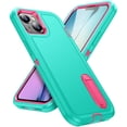 thumbnail image 1 of for iPhone 15 Plus Case with Kickstand, [10FT Military Drop Protection] Rugged Heavy Duty Hard PC+Soft Silicone Rubber Bumper Hybrid Triple-Layer Case for iPhone 15 Plus, Mint+Rose, 1 of 8