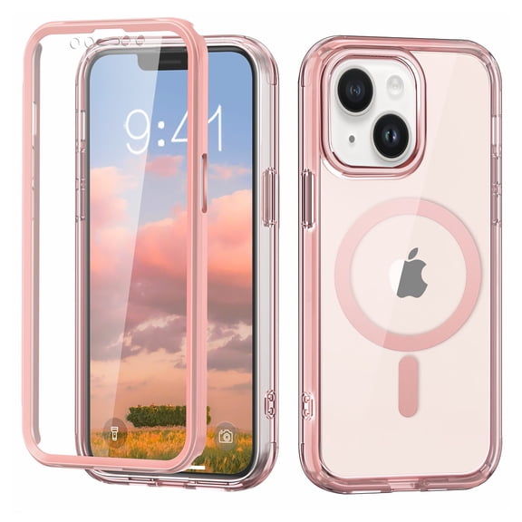 for iPhone 15 Plus Case Magnetic, [Compatible with Magsafe] Built-in Screen Protector Shockproof Dustproof Crystal Clear Anti-Scratch Folio Flip Phone Case for iPhone 15 Plus, Pink