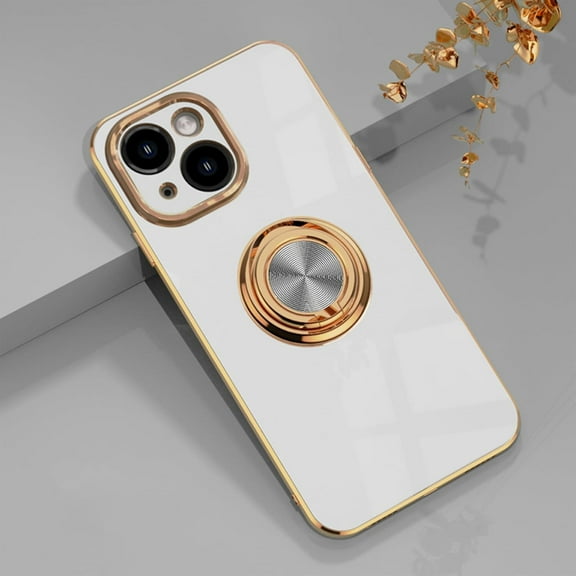 for iPhone 15 Plus Case, iPhone 15 Plus Phone Case with 360° Ring Stand Kickstand Slim Thin Fit Flexible TPU Golden Bumper Shockproof Non-Slip Women Men Protective Cover, 6.7"- White