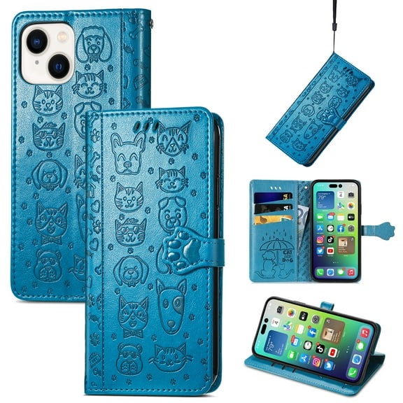 for iPhone 15 Plus Case, Premium PU Leather Wallet Case [Cat & Dog & Flowers Embossed] Card Slots Kickstand Magnetic Closure Flip Case Cover for iPhone 15 Plus 6.7 inch,Blue