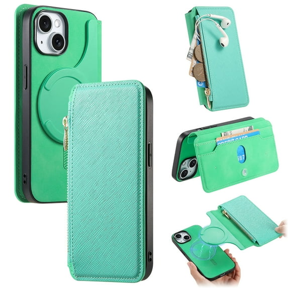 For iPhone 15 Plus Case with RFID Blocking Card Holder for Women and Men,Compatible with MagSafe,Detachable Wallet 2 in 1 PU Leather Magnetic Snap Flip Kickstand Zipper Pouch Phone Case,Green