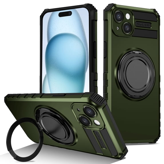 For iPhone 15 Plus Case with Ring Stand,2-Layer Full Body Heavy Duty Shockproof Rugged,360°Rotatable Ring Holder Magnetic Kickstand,Non-Slip Protective Phone Case for iPhone 15 Plus,Darkgreen