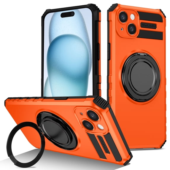 For iPhone 15 Plus Case with Ring Stand,2-Layer Full Body Heavy Duty Shockproof Rugged,360°Rotatable Ring Holder Magnetic Kickstand,Non-Slip Protective Phone Case for iPhone 15 Plus,Orange