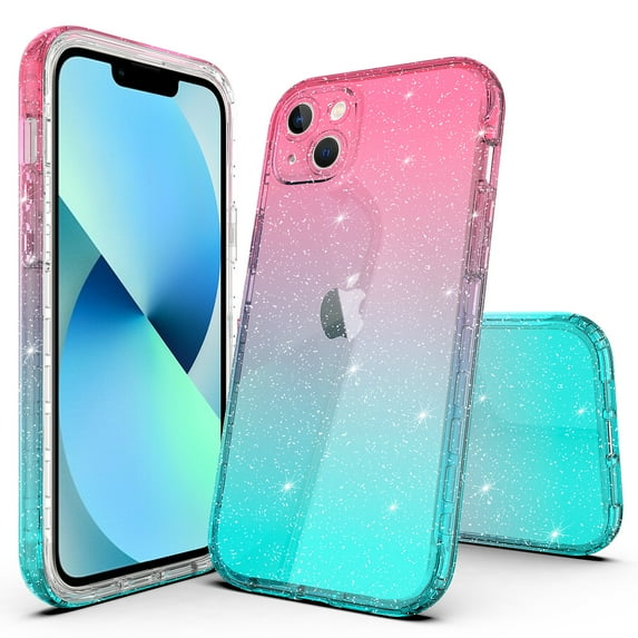 iPhone 15 Plus Case, Rosebono Hybrid Glitter Sparkle Transparent Colorful Gradient Skin Cover Case For iPhone 15 Plus (Blue/Pink)