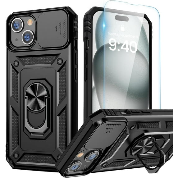 for iPhone 15 Plus Case with Screen Protector - Slide Camera Cover Protective Phone Case with Ring Stand, Heavy Duty Shockproof Rugged Bumper for iPhone 15 Plus Accessories Black