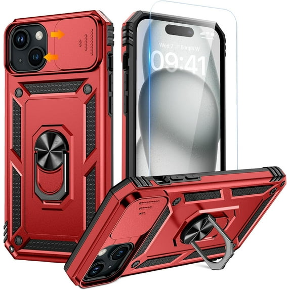 for iPhone 15 Plus Case with Screen Protector - Slide Camera Cover Protective Phone Case with Ring Stand, Heavy Duty Shockproof Rugged Bumper for iPhone 15 Plus Accessories Red