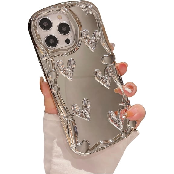 for iPhone 15 Plus Case, [Shiny Chrome Silver Heart][Mirror Creative Phone Case][Stylish Plated 3D Heart] Soft TPU Drop and Shock Resistant for Women and Girls 6.7