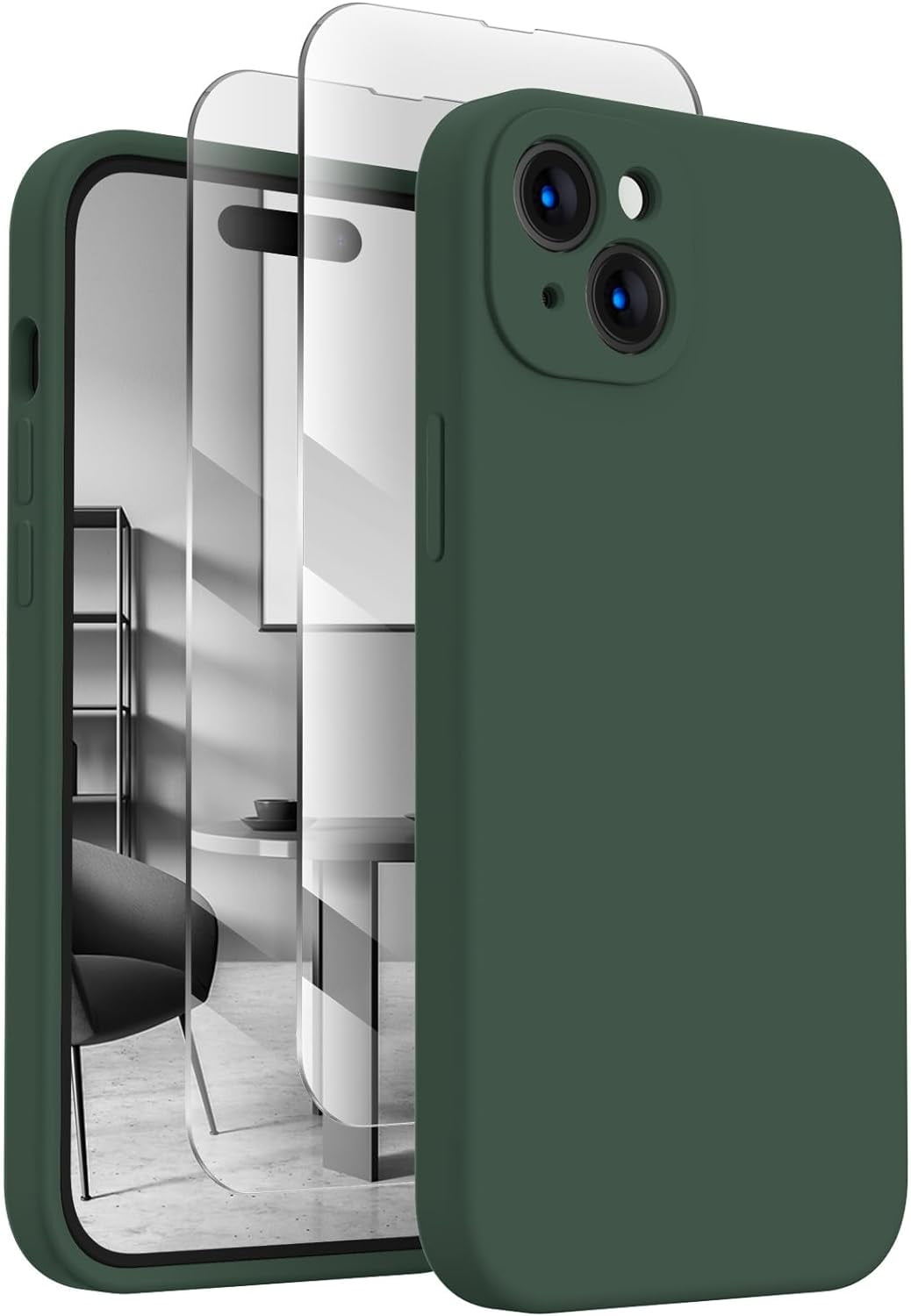 for iPhone 15 Plus Case, Silicone Upgraded [Camera Protection] Case with [2 Screen Protectors], Soft Anti-Scratch Microfiber Lining Inside, 6.7 inch, Alpine Green